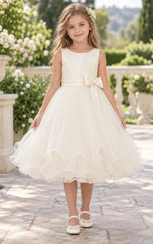 Tea-length Ivory Scoop Sleeveless Satin A-Line Gathered Tulle Curled Tiered Hem Sash Bow Flowergirl Dress