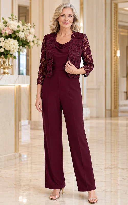 Burgunderfarbener Jumpsuit mit Kapuzenjacke aus Spitze und weit geschnittener Hose