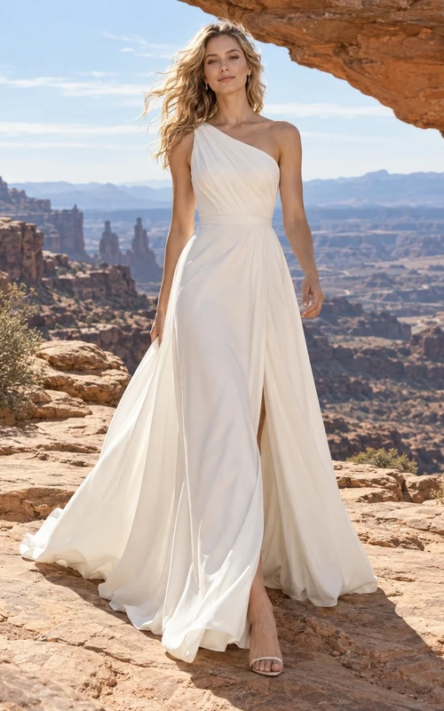 Vestido de novia sencillo de un solo hombro, sin mangas, con espalda drapeada, de crepé y corte en A, largo hasta el suelo.