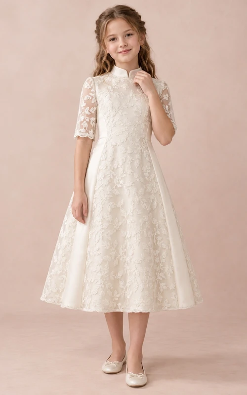 Modest High Neck Tea-length Ivory Half Sleeve Delicate Floral Lace Panel A-Line Flowergirl Dress