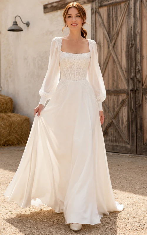 Robe de mariée champêtre rustique en mousseline, col carré, manches longues, coupe trapèze, traîne, à manches bouffantes et col rond.
