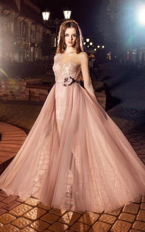A-Line Scoop-Neck Half Sleeve Lace Tulle Illusion Dress With Appliques And Flower