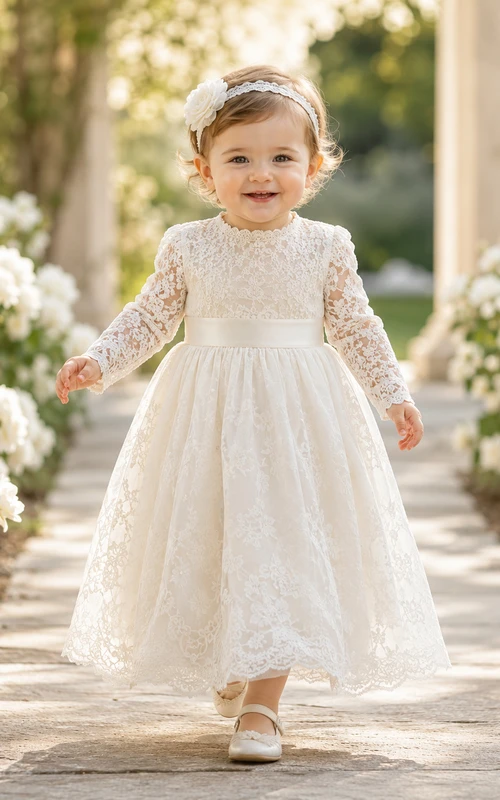 Long Sleeve Christening Dress A-Line Lace Tulle High Neck Bow Back