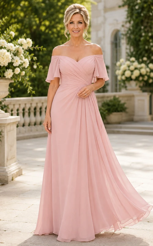 Zartrosa schulterfreies Chiffon-Kleid in A-Linie mit flatternden Ärmeln