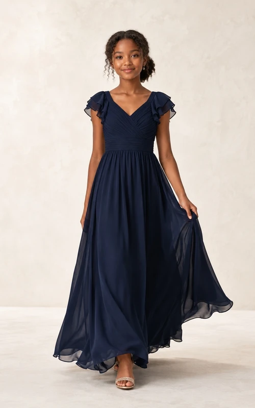 Dunkelblaues Brautjungfernkleid für junge Damen, A-Linie, V-Ausschnitt, kurze Ärmel, Rüschen