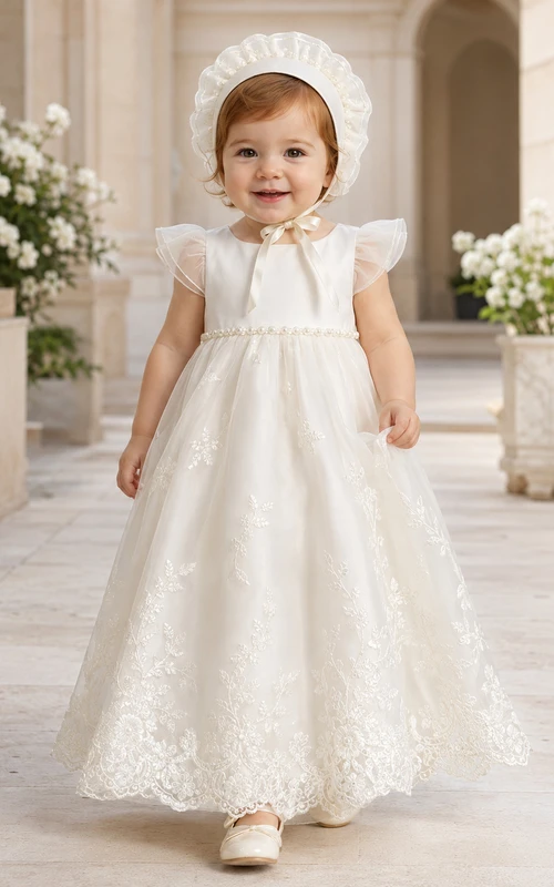 Vestido de bautizo para bebé, corte en A, largo hasta los tobillos, cuello joya, manga corta, fajín de tul con encaje y botones en la espalda.