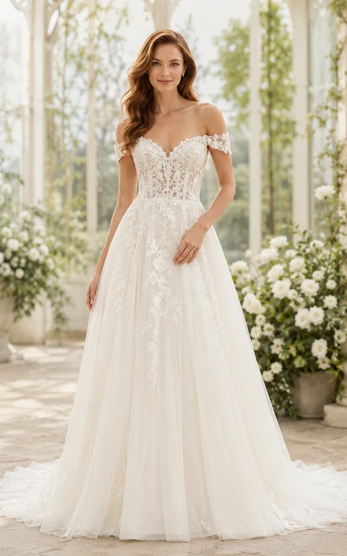 Robe de mariée en dentelle et tulle, coupe trapèze, épaules dénudées, traîne chapelle, dos corset lacé