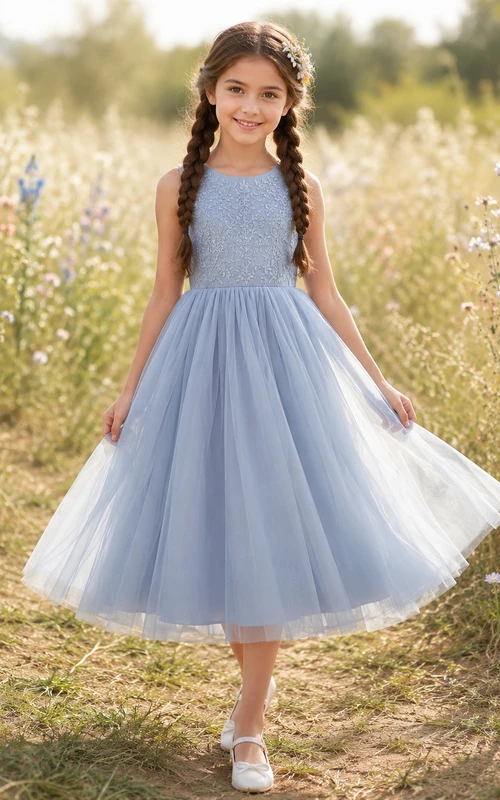 Flower Girl Dress A-Line Sky Blue Soft Lined Tulle Sleeveless Garden