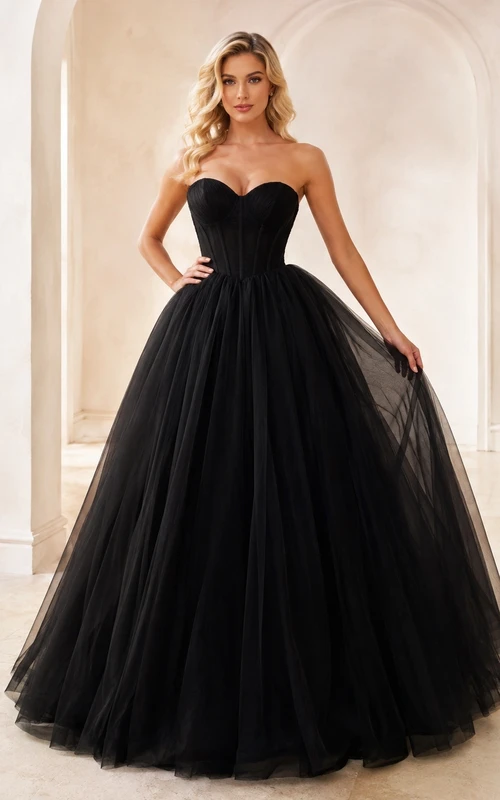 Black Sweetheart Strapless Tulle Ball Gown Floor-Length Prom Evening Dress