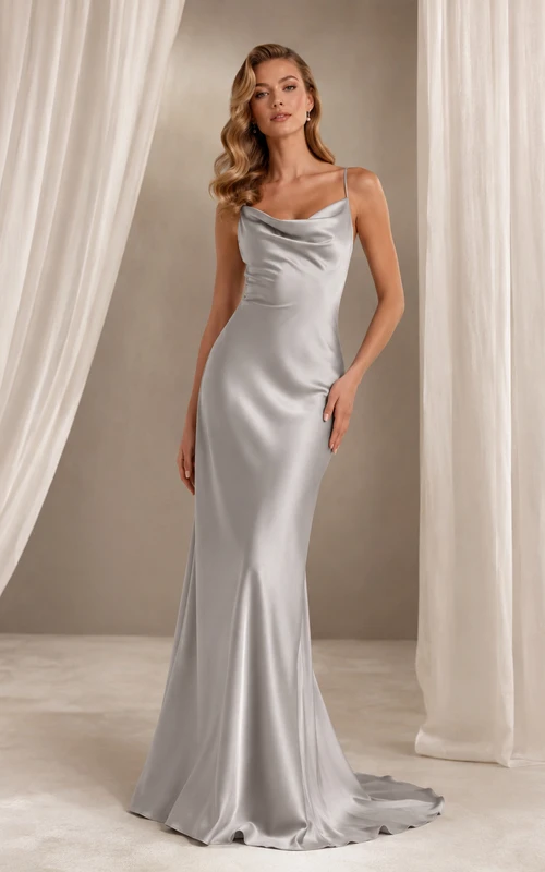 Robe de mariée sirène de luxe en satin gris tourterelle à une épaule et col bénitier