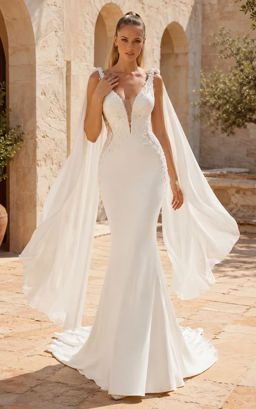 Robe de mariée sirène moderne à bretelles en V profond et cape en dentelle avec traîne courte