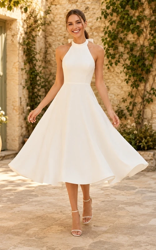 Lässiges Satin-Halterkleid mit hohem Kragen, offenem Rücken und Schleife, A-Linie, Teelänge, zweites Hochzeitskleid