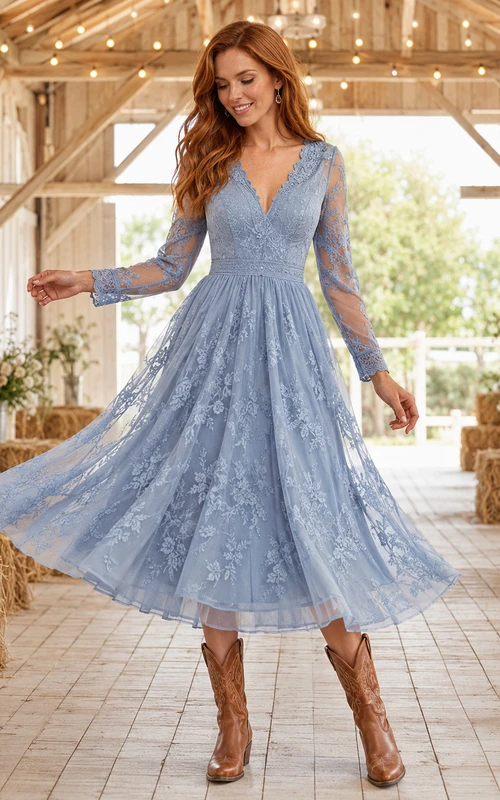 Robe midi champêtre à manches longues en dentelle bleu poudré
