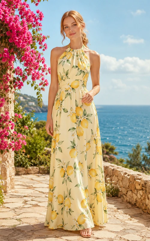 Lemon Print Halter Neck Flowing Seaside Maxi Dress