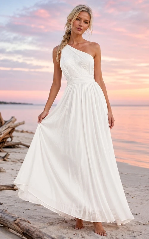 White Chiffon Pleated One-Shoulder Sleeveless A-Line Floor-Length Beach Dress
