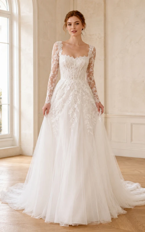 Robe de mariée Gallery classique en dentelle et tulle, col carré, manches longues transparentes, coupe trapèze, traîne chapelle, applications florales