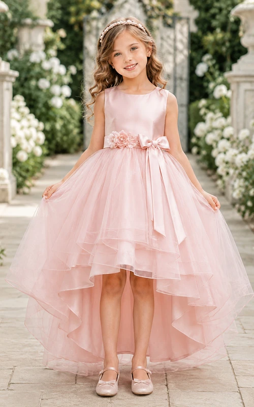 High Low Tulle A-Line Flower Girl Dress with Jewel Neck and Bow Detail
