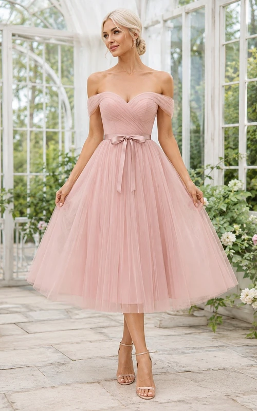 Blush Tulle Sweetheart Strapless Ball Gown Tea-length Prom Dress