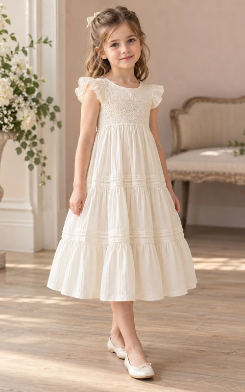 Tea-length Country Ivory A-line Smocked Ruffle-sleeve Tiered Gathered Flower Girl Dress