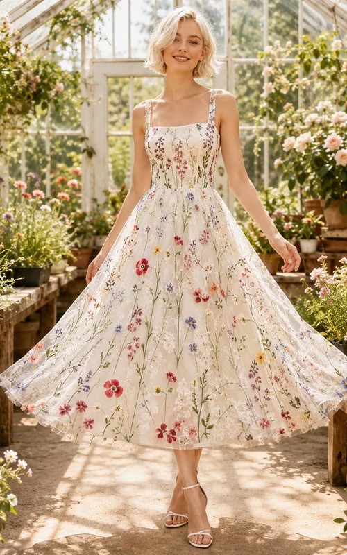 Colorful Floral Embroidered Tea Length Greenhouse Elopement Dress