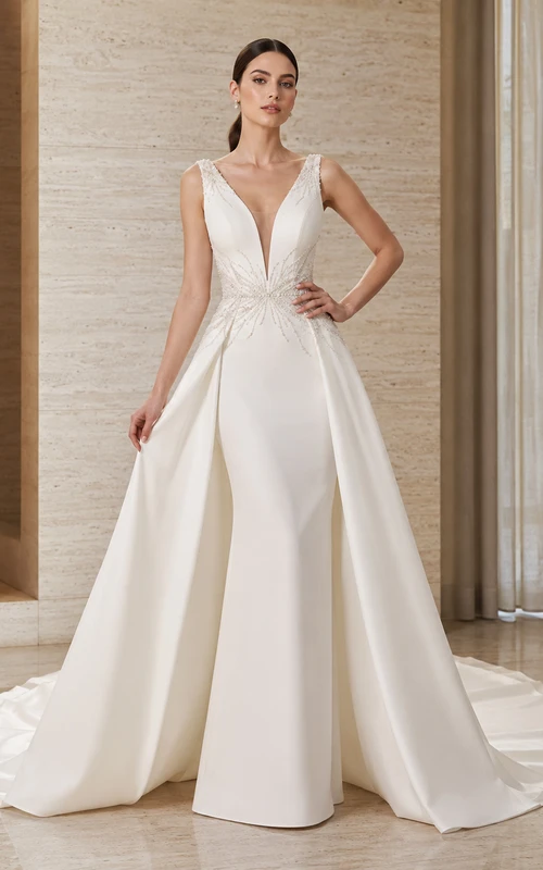 Robe de mariée en satin plissée à décolleté plongeant et traîne chapelle