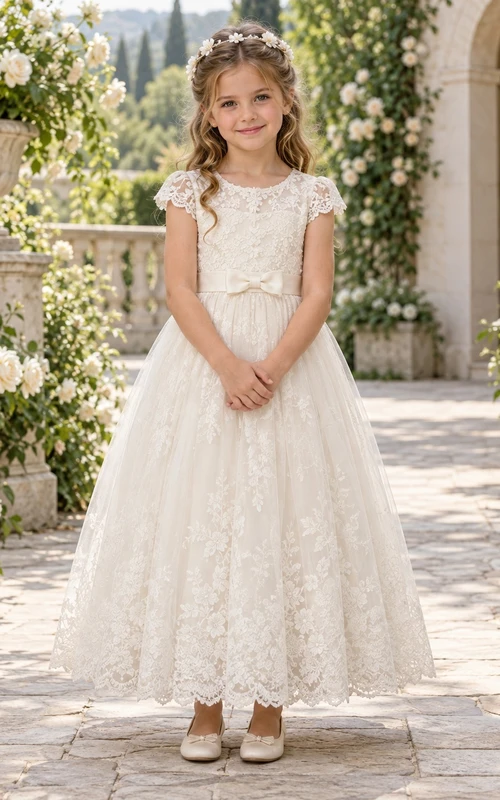 Vestido de niña de flores modesto, color marfil, con estampado floral, corte en A, mangas cortas, encaje y largo hasta los tobillos con borde festoneado.