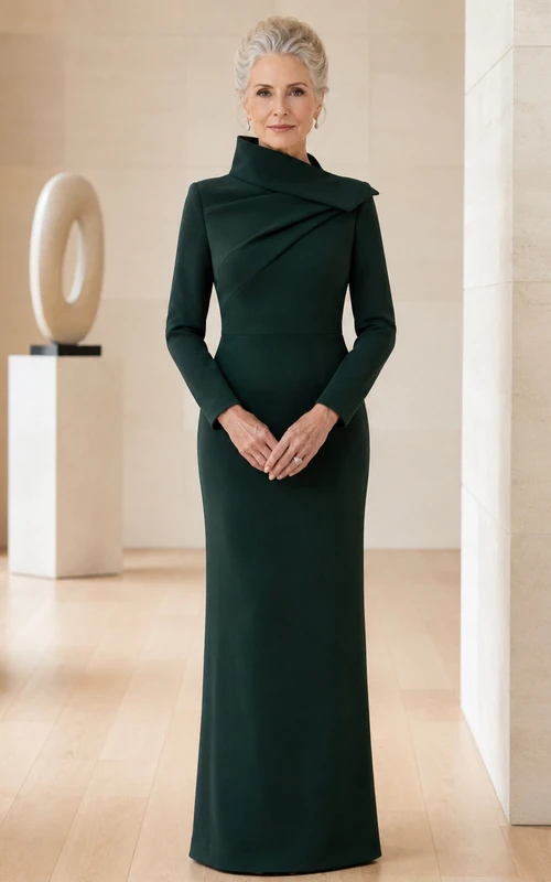 Dunkelgrünes, elegantes und außergewöhnliches Mutterkleid mit skulpturalem Stehkragen, langen Ärmeln und bodenlangem Meerjungfrauen-Schnitt – ein modernes, formelles Abendkleid