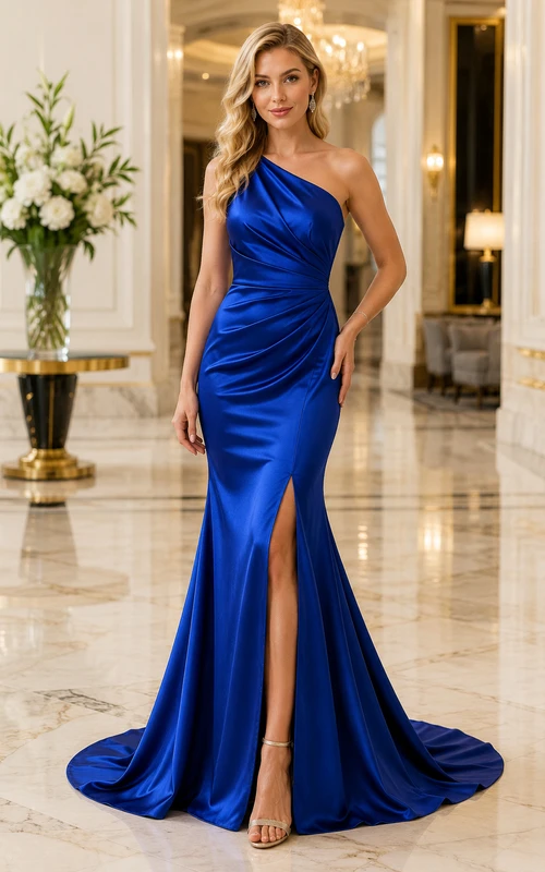 Robe de soirée sirène en satin bleu royal, asymétrique, sans manches, fendue et traîne.