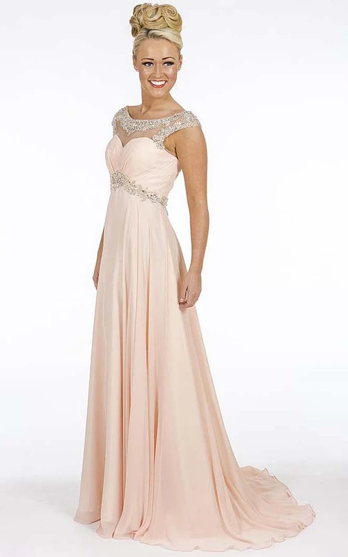 Robe de bal en mousseline de soie perlée, coupe empire, longueur au sol, manches courtes, ourlet arrondi, bijoux de taille et fronces