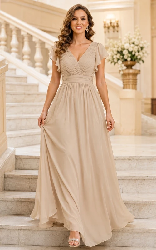 Elegante vestido de noche de gasa color champán con escote en V, manga corta y corte en A