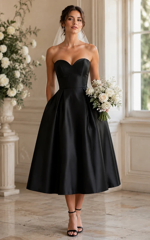 Black Strapless Satin Tea-length Wedding Dress