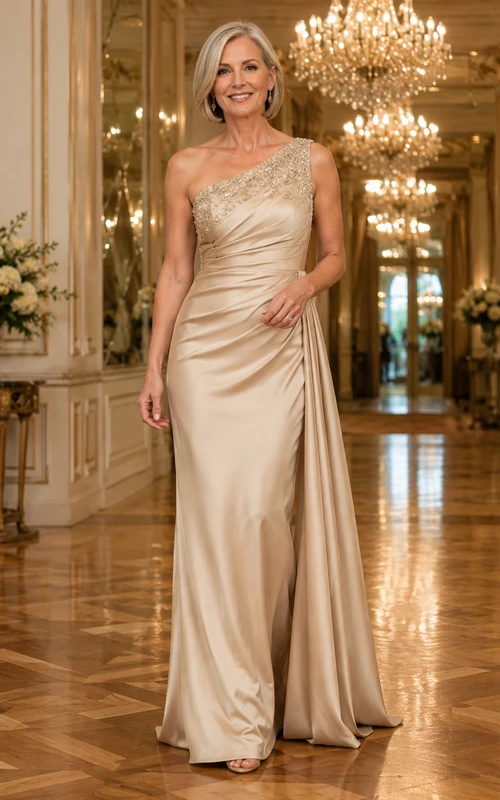 Champagnerfarbenes, modernes, ärmelloses, gerafftes Satin-Etuikleid mit One-Shoulder und Schleppe – ein luxuriöses Abendkleid für die Mutter der Braut im Hotel.