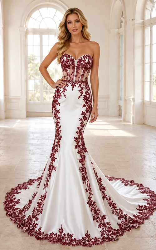 Burgunderfarbenes, ärmelloses Brautkleid im Meerjungfrauen-/Trompetenstil mit herzförmigem Ausschnitt und Kathedralenschleppe, romantisch und elegant