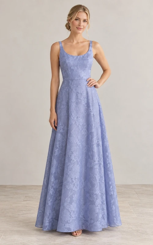 Elegante vestido de dama de honor largo hasta el suelo con escote redondo, corte en A y estampado jacquard floral color bígaro.
