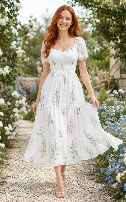 Robe vintage blanche à fleurs en mousseline de soie, col carré, coupe trapèze, manches bouffantes, longueur midi