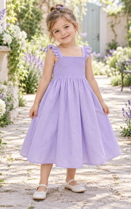 Teelanges, lavendelfarbenes A-Linien-Kleid mit eckigem Ausschnitt, gerafften Rüschenträgern und Schleife am Rücken für Blumenmädchen