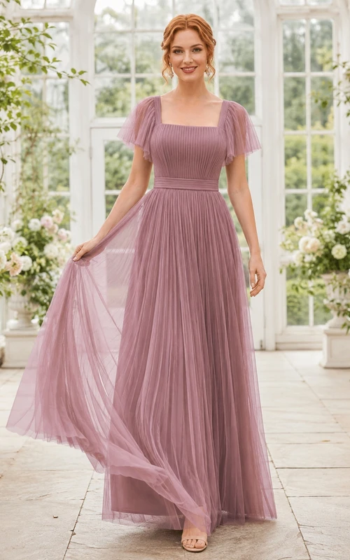 Mauvefarbenes, formelles Chiffonkleid in A-Linie mit eckigem Ausschnitt, kurzen Puffärmeln und Falten