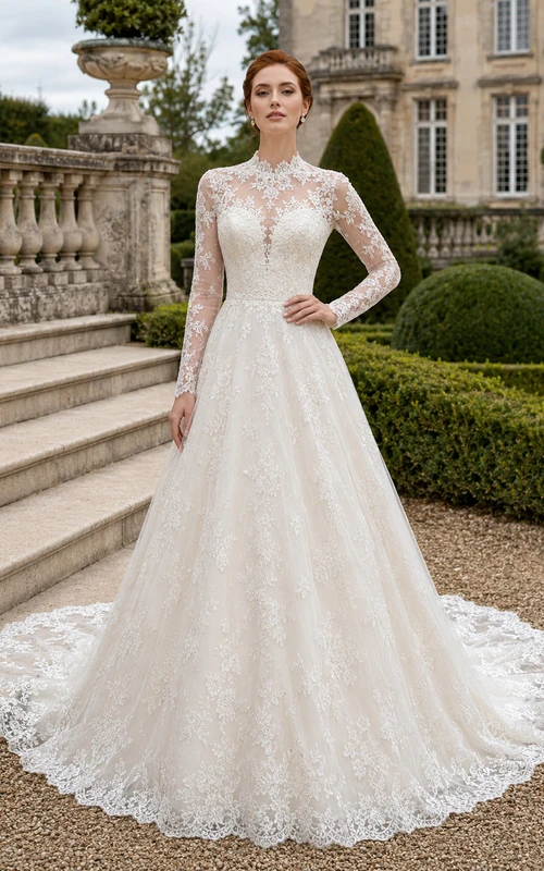 Brautkleid im französischen Gartenstil mit langen Ärmeln und A-Linien-Spitze