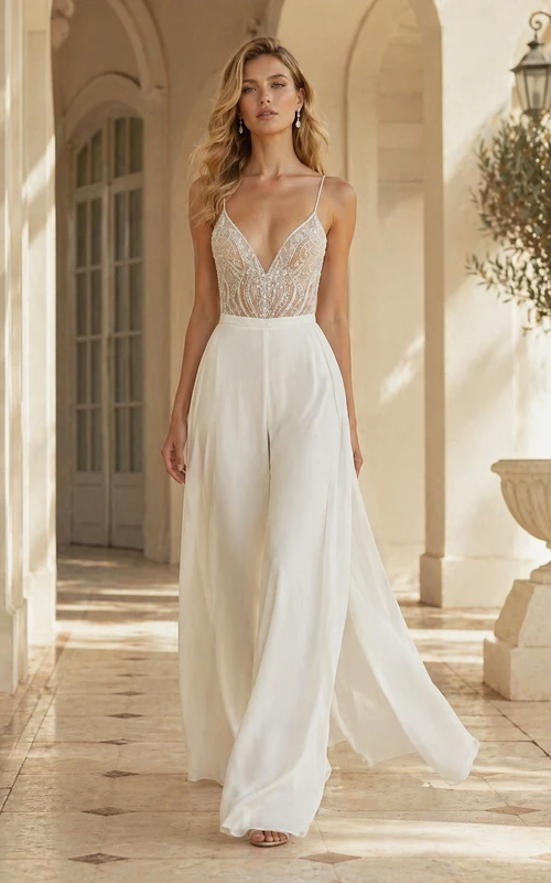 Combinaison de mariée glamour à corsage perlé, bretelles spaghetti et jambes larges