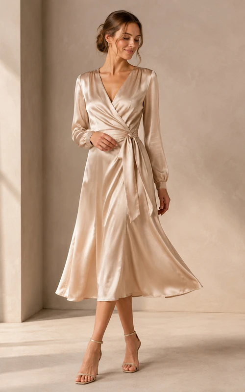 Champagnerfarbenes, langärmeliges Wickelkleid aus Satin mit V-Ausschnitt für Teegäste