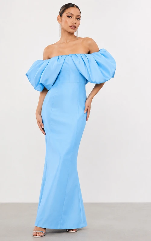 Robe de soirée sirène bleu ciel à épaules dénudées et manches bouffantes