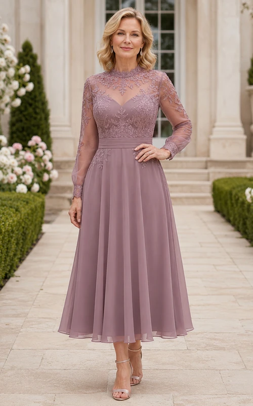 Vintage-Kleid in Mauve mit hohem Kragen, Illusionsspitze, Dreiviertelärmeln und Teelänge – ideal für die Mutter der Braut