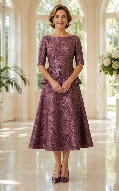 Robe de mère Mulberry mi-longue en dentelle bateau, coupe trapèze