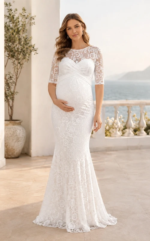 Vestido de novia premamá de encaje con escote redondo y manga corta estilo sirena