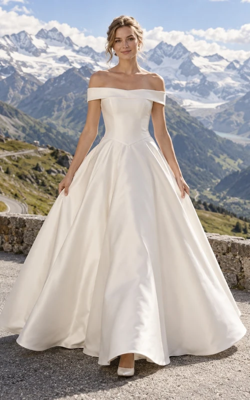 Vestido de novia sencillo de satén, corte A, sin mangas y con escote Bardot