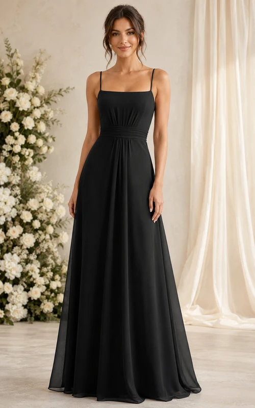 Vestido de dama de honor negro de gasa con escote cuadrado y corte en A
