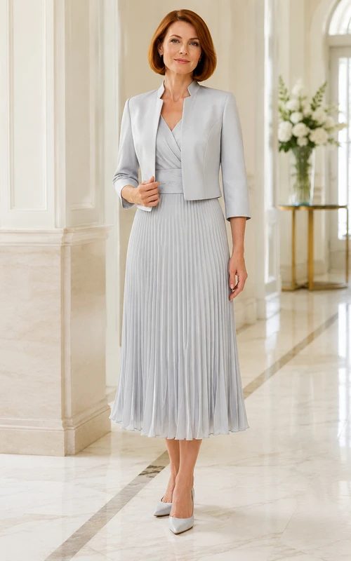 MOB Dress Silver Chiffon Satin A-Line 3/4 Sleeve V-Neck Tea Length with Jacket Pleated