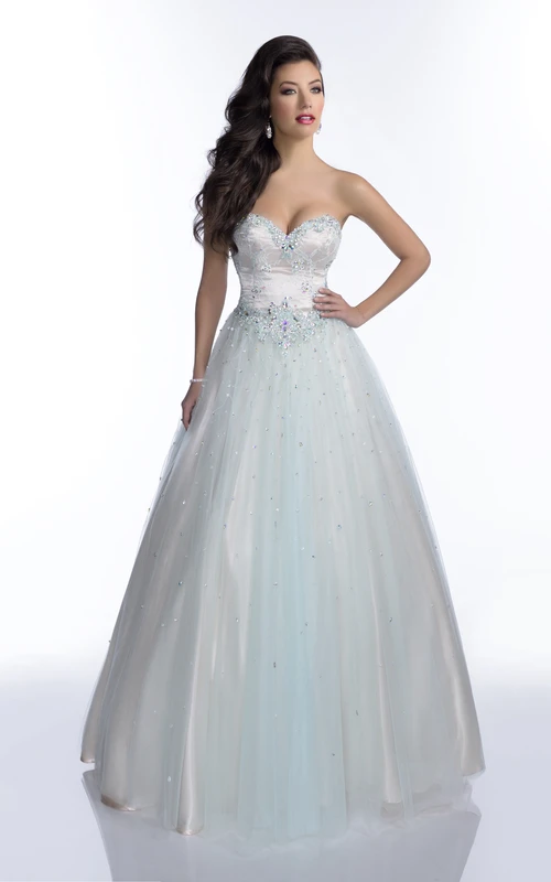Robe de bal sans manches en tulle, coupe trapèze, décolleté cœur, dos nu et sequins brillants