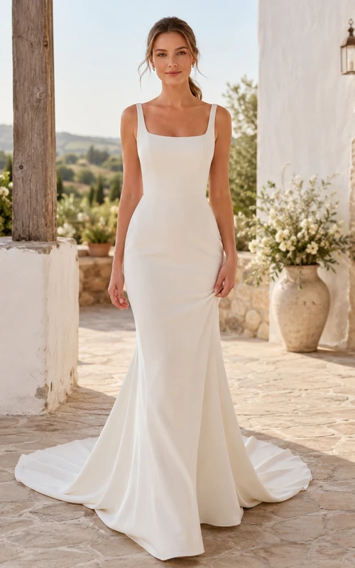 Affordable Modern Square Neck Sleeveless Satin Mermaid Court Train Wedding Dress