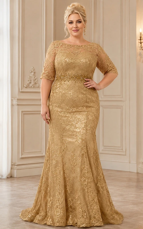 Vestido de sirena de encaje con lentejuelas y cuello joya dorado de lujo, talla grande, para madres.